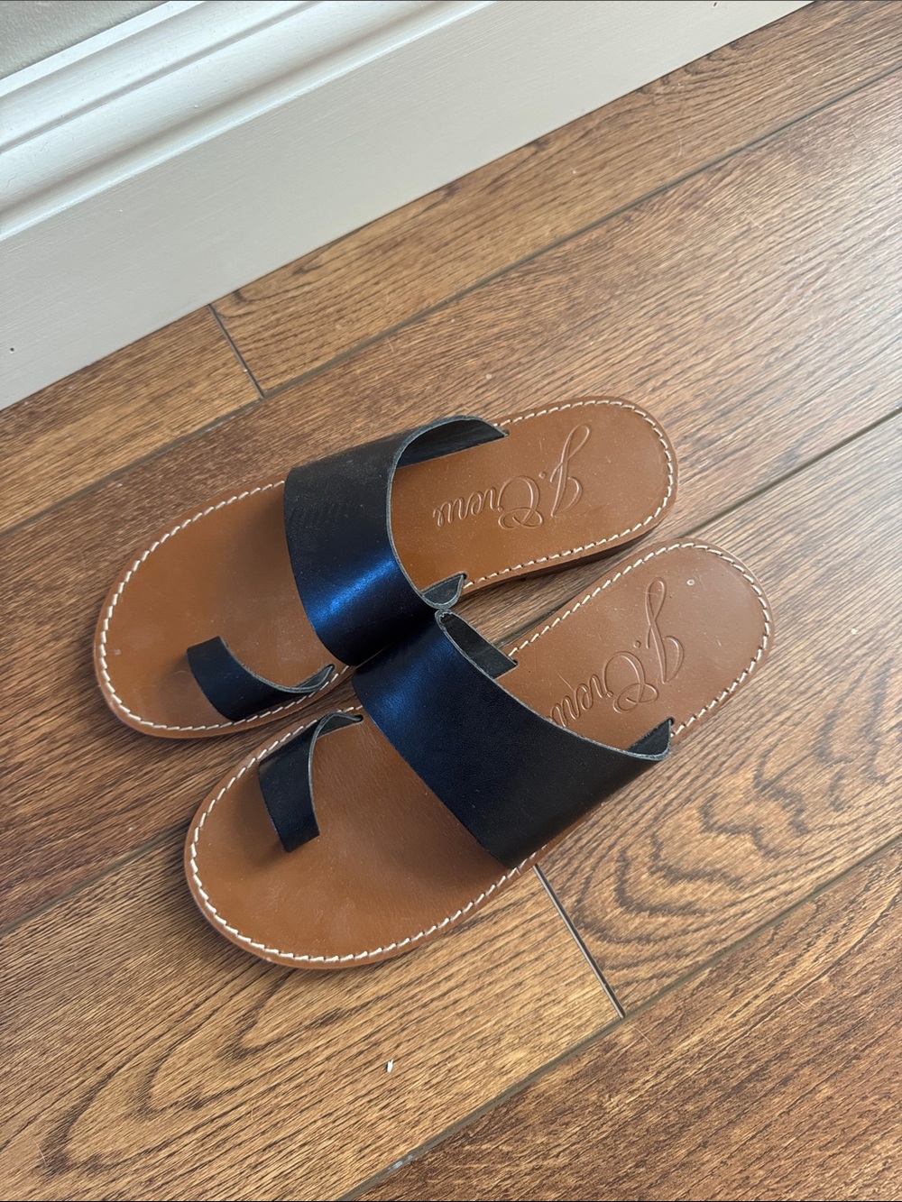 J. Crew Black Leather Double-Strap Slide Sandals